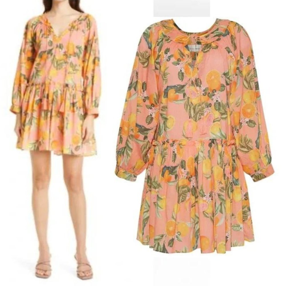 NWT Cara Cara Kavita Citrus Fruit Print Long Sleeve Cotton Voile Dress